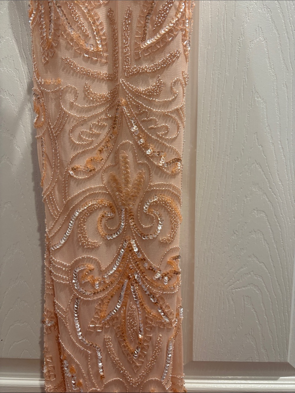 Scala Peach Beaded Spaghetti Strap Prom Dress - Picture 7 of 8